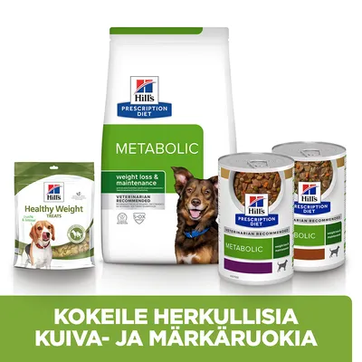 Hill's Prescription Diet Metabolic -koiranruokapakkaus, kaksi Metabolic-märkäruokapurkkia ja Healthy Weight Treats -herkkupussi. Teksti: Kokeile herkullisia kuiva- ja märkäruokia.