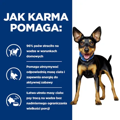 Jak karma pomaga: 96% psów straciło na wadze w warunkach domowych, pomaga utrzymywać masę ciała i energię, łatwa utrata masy bez ograniczania porcji.