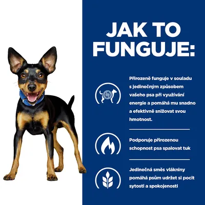 Jak to funguje: Přirozeně funguje v souladu s jedinečným způsobem vašeho psa při využívání energie a pomáhá mu snadno a efektivně snižovat svou hmotnost. Podporuje přirozenou schopnost psa spalovat tuk. Jedinečná směs vlákniny pomáhá psům udržet si pocit sytosti a spokojenosti.