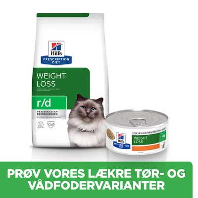 Hill's Prescription Diet Weight Loss r/d tør- og vådfoder til kat. Tekst: PRØV VORES LÆKRE TØR- OG VÅDFODERVARIANTER. Veterinarian recommended.