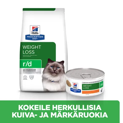 Hill's Prescription Diet Weight Loss r/d kissan kuivaruoka ja märkäruoka, pakkauksissa teksti 'Veterinarian Recommended'. Alhaalla mainos: Kokeile herkullisia kuiva- ja märkäruokia.
