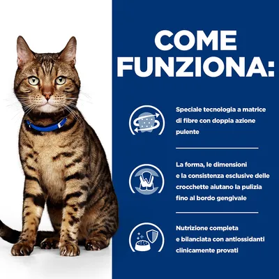 COME FUNZIONA: Speciale tecnologia a matrice di fibre con doppia azione pulente. Le crocchette aiutano la pulizia fino al bordo gengivale. Nutrizione completa con antiossidanti provati.