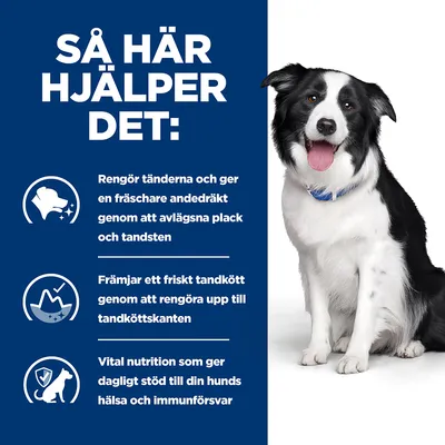 Så här hjälper det: Rengör tänderna och ger en fräschare andedräkt, främjar friskt tandkött, vital nutrition som stödjer hundens hälsa och immunförsvar. Text på svenska.