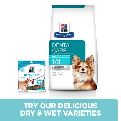 Hill's Prescription Diet Dental Care Mini t/d kutyatáp és Dental Care Chews csomagolás, angol nyelvű felirat: TRY OUR DELICIOUS DRY & WET VARIETIES