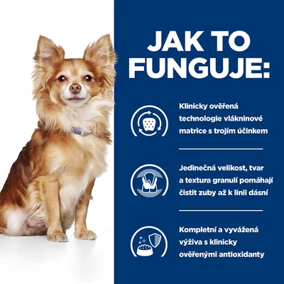 JAK TO FUNGUJE: Klinicky overená technológia vlákninovej matrice s trojitým účinkom, jedinečná veľkosť, tvar a textúra granúl pomáhajú čistiť zuby, kompletná a vyvážená výživa s antioxidantmi.