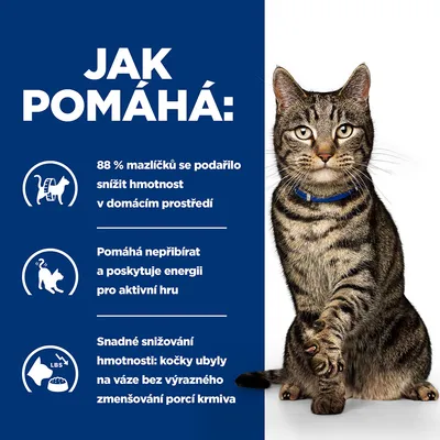 Jak pomáhá: 88 % mazlíčků se podařilo snížit hmotnost v domácím prostředí. Pomáhá nepřibírat a poskytuje energii pro aktivní hru. Snadné snižování hmotnosti: kočky ubyly na váze.