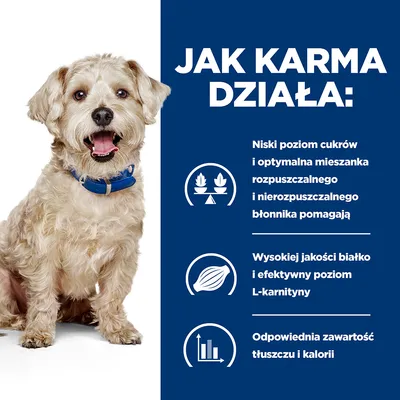 Jak karma działa: niski poziom cukrów i optymalna mieszanka błonnika, wysokiej jakości białko i L-karnityna, odpowiednia zawartość tłuszczu i kalorii. Pies w niebieskiej obroży obok tekstu.