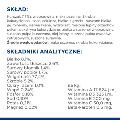 Skład: kurczak 17 %, wieprzowina, łosoś, mąka pszenna, skrobia kukurydziana, siemię lniane, żurawina. Składniki analityczne: białko 8,1 %, tłuszcz 2,6 %, wilgotność 77,4 %.