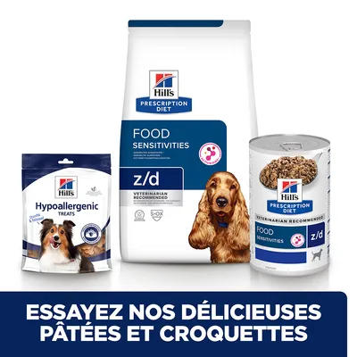 Hill's Prescription Diet Food Sensitivities z/d croquettes, pâtée et friandises Hypoallergenic pour chien. Texte : Essayez nos délicieuses pâtées et croquettes.