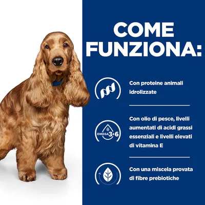 COME FUNZIONA: con proteine animali idrolizzate, olio di pesce, livelli aumentati di acidi grassi essenziali e vitamina E, miscela provata di fibre prebiotiche