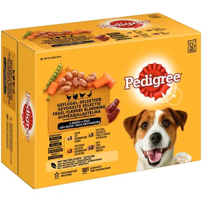 Pedigree selekcija peradi u umaku, 12x100g. S prirodnim sastojcima, visokokvalitetnim proteinima, kompletna i uravnotežena. Okusi: piletina, puretina, patka. Ambalaža pogodna za recikliranje.