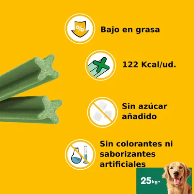 Texto em espanhol: Bajo en grasa, 122 Kcal/ud., Sin azúcar añadido, Sin colorantes ni saborizantes artificiales. Ícone de cão com 25 kg+. Snack verde em forma de estrela visível.