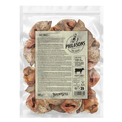 Phil & Sons koiranherkut, naudan kuonot, 500 g. 100 % naudanlihaa, yksittäinen proteiini, viljaton ja gluteeniton, ei keinotekoisia lisäaineita. Butcher Style -pakkaus, yksityiskohtainen ainesosaluettelo.