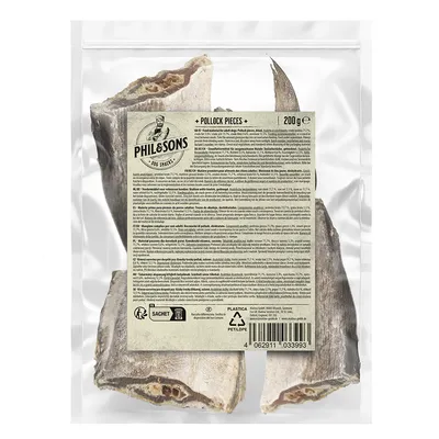 Phil & Sons pasji prigrizki koščki polaka, 200g. Embalaža z informacijami o sestavinah, hranilno analizo in vidno črtno kodo.