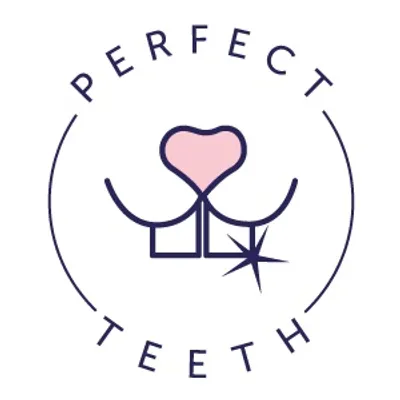 Perfect Teeth. Texto en inglés rodeando un dibujo de hocico y dientes con destello.