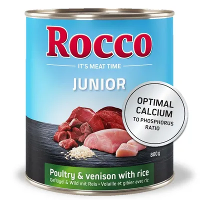 Rocco Junior baromfi és vad rizzsel, 800g konzerv. Optimális kalcium-foszfor arány. It's Meat Time.