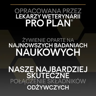 Opracowana przez lekarzy weterynarii Pro Plan. Żywienie oparte na najnowszych badaniach naukowych. Nasze najbardziej skuteczne połączenie składników odżywczych.