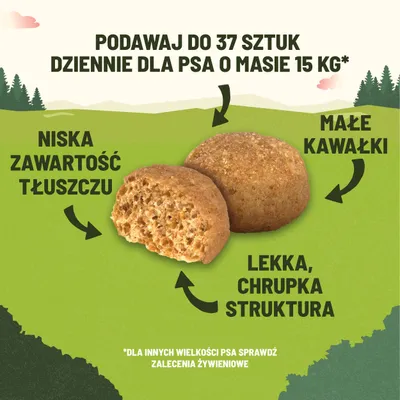 Podawaj do 37 sztuk dziennie dla psa o masie 15 kg. Niska zawartość tłuszczu, małe kawałki, lekka chrupka struktura. Dla innych wielkości psa sprawdź zalecenia żywieniowe.