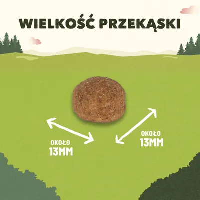 Wielkość przekąski: okrągły smakołyk o średnicy około 13 mm, tekst „WIELKOŚĆ PRZEKĄSKI” oraz strzałki z opisem „około 13 mm”.