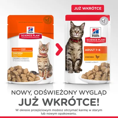 Hill's Science Plan Adult 1-6 Chicken Chunks & Gravy dla kotów – porównanie starego i nowego opakowania, informacja: nowy wygląd już wkrótce.