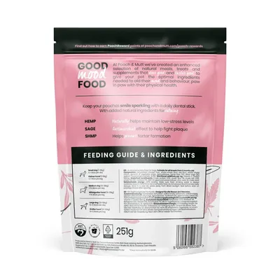 Back of pet food pack showing feeding guide by weight, ingredients list, and benefits of hemp, sage, and SHMP for dental health. Pack size 251g.