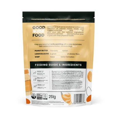 Product packaging showing feeding guide, ingredients including peanut butter, lignocellulose and SHMP, and daily dental stick instructions. 251g pack with ethical shopping badge.