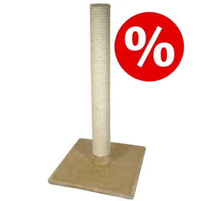 Rascador para gatos con base cuadrada beige y poste de sisal. Círculo rojo con símbolo de porcentaje blanco, indicando oferta o descuento visible en la imagen. Rascador para gatos con base cuadrada beige y poste de sisal. Círculo rojo con símbolo de porcentaje blanco, indicando oferta o descuento visible en la imagen.