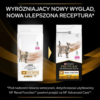 Porównanie opakowań karmy Purina Pro Plan Veterinary Diets NF Renal Function dla kotów: stary i nowy wygląd, informacja o ulepszonej recepturze. Widoczne logo ISFM.