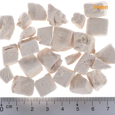 Frysetorkade bitar märkta 'Huhn', placerade ovanför en linjal med centimeter- och millimetermarkeringar för storleksreferens.