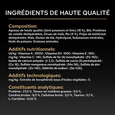Liste des ingrédients, valeurs nutritionnelles et additifs : agneau, riz, vitamines A, D3, E, C, minéraux, tocophérols, protéine 27 %, matières grasses 9,5 %, taurine 0,1 %, L-Carnitine 0,02 %.