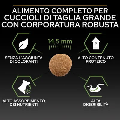 Alimento completo per cuccioli di taglia grande con corporatura robusta, crocchetta 14,5 mm, senza l'aggiunta di coloranti, alto contenuto proteico, alto assorbimento dei nutrienti, alta digeribilità.