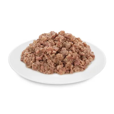 Közelkép tálalt nedves eledelről fehér tányéron, látható az eledel állaga.