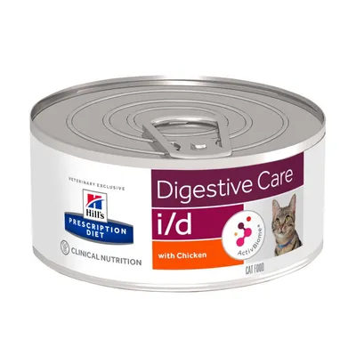 Hill's Prescription Diet Digestive Care i/d with Chicken, Clinical Nutrition, ActiBiome+, cibo umido per gatti in lattina con immagine di gatto e testo visibile sull'etichetta.