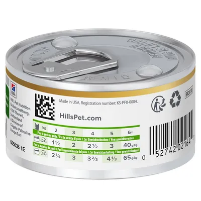 Feeding guide table on can showing daily portions by pet weight in kilograms for weight loss and maintenance, with QR code, recycling symbols, and HillsPet.com website visible.