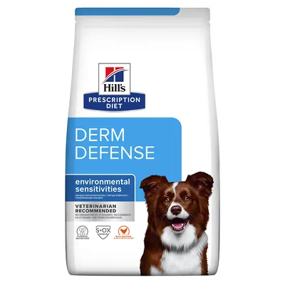 Hill's Prescription Diet Derm Defense, environmental sensitivities, veterinarian recommended, Clinical Nutrition, S+OX Shield, With Chicken visibili sulla confezione.
