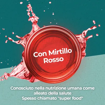 Con Mirtillo Rosso. Conosciuto nella nutrizione umana come alleato della salute. Spesso chiamato 'super food'.