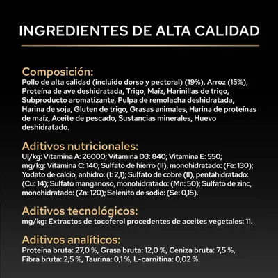 Lista de ingredientes: pollo, arroz, proteína de ave deshidratada, trigo, maíz, harina de soja, grasas animales, aceite de pescado. Nutrientes: proteína 27%, grasa 12%, ceniza bruta 7,5%, taurina 0,1%. Lista de ingredientes: pollo, arroz, proteína de ave deshidratada, trigo, maíz, harina de soja, grasas animales, aceite de pescado. Nutrientes: proteína 27%, grasa 12%, ceniza bruta 7,5%, taurina 0,1%.