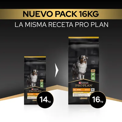 Purina Pro Plan All Sizes Adult ahora en el nuevo formato de 16, kg, antes 14, kg. Misma receta, nuevo formato más grande. Purina Pro Plan All Sizes Adult ahora en el nuevo formato de 16, kg, antes 14, kg. Misma receta, nuevo formato más grande.
