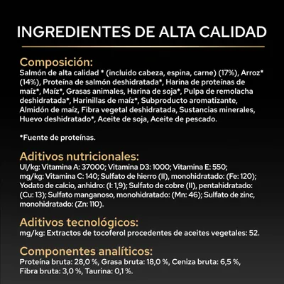 Lista de ingredientes: salmón, arroz, proteínas animales y vegetales, vitaminas A, D3, E, C, minerales, tocoferoles de aceites vegetales. Análisis: proteína 28%, grasa 18%, taurina 0,1%.