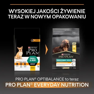 Zmiana opakowania karmy Purina Pro Plan Small & Mini Adult: z OptiBalance na Everyday Nutrition. Widoczne oba opakowania, informacja o wysokiej jakości żywieniu.
