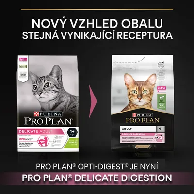 Porovnání starého a nového obalu krmiva PURINA PRO PLAN pro kočky: Delicate Adult OptiDigest mění název na Delicate Digestion. Text: Nový vzhled obalu, stejná vynikající receptura.