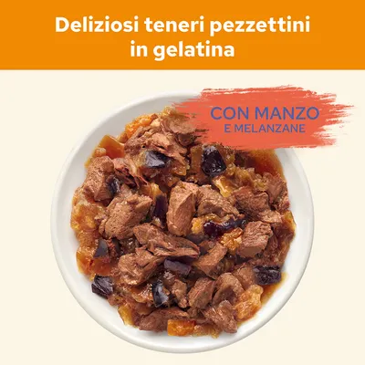 Deliziosi teneri pezzettini in gelatina con manzo e melanzane, visibili nella ciotola. Testo: 'CON MANZO E MELANZANE'.