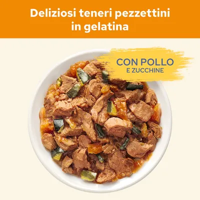 Ciotola con pezzettini in gelatina, visibili pollo e zucchine. Testo: Deliziosi teneri pezzettini in gelatina. Con pollo e zucchine.