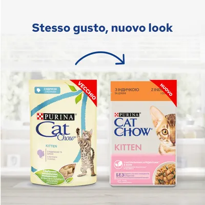 Confronto tra vecchia e nuova confezione di Purina Cat Chow Kitten, con etichette rosse 'VECCHIO' e 'NUOVO'. Testo in alto: 'Stesso gusto, nuovo look'.