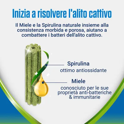 Inizia a risolvere l'alito cattivo. Il Miele e la Spirulina naturale aiutano a combattere i batteri dell'alito cattivo. Spirulina: ottimo antiossidante. Miele: proprietà anti-batteriche e immunitarie.