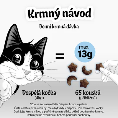 Krmný návod pro dospělou kočku (4 kg): denní dávka max. 13 g, přibližně 65 kousků. Ilustrace tvarů pamlsků a ruka podávající pamlsek.