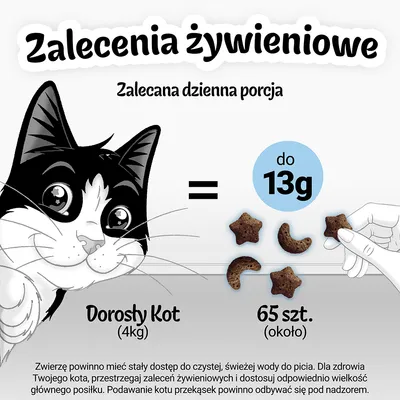 Zalecenia żywieniowe: dorosły kot 4 kg – zalecana dzienna porcja do 13 g, około 65 sztuk przysmaków. Widoczny rysunek kota i przekąsek.
