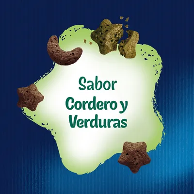 Sabor Cordero y Verduras, texto en el centro con croquetas de diferentes formas alrededor sobre fondo azul.