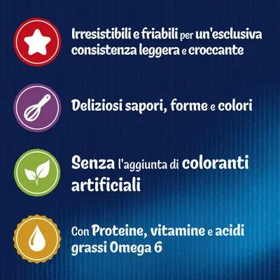 Irresistibili e friabili, deliziosi sapori, forme e colori, senza l'aggiunta di coloranti artificiali, con proteine, vitamine e acidi grassi Omega 6.