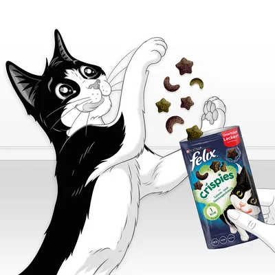 Bolsa de snacks para gatos Purina Felix Crispies, cordero y verduras, 1 kcal por pieza. Texto visible: 'Unheimlich Lecker!'. Ilustración de gato jugando con los snacks.